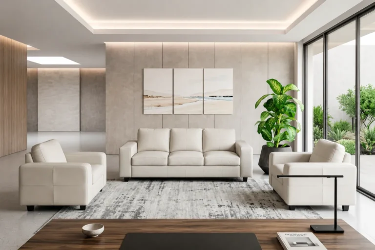 Elegant office reception lounge featuring white leather sofa set, neutral wall finishes, decorative artwork, indoor plants, and natural daylight.